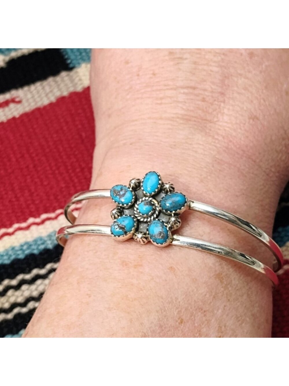 Southwest Turquoise Sterling Silver Cuff Bracelet Flower Cluster Design